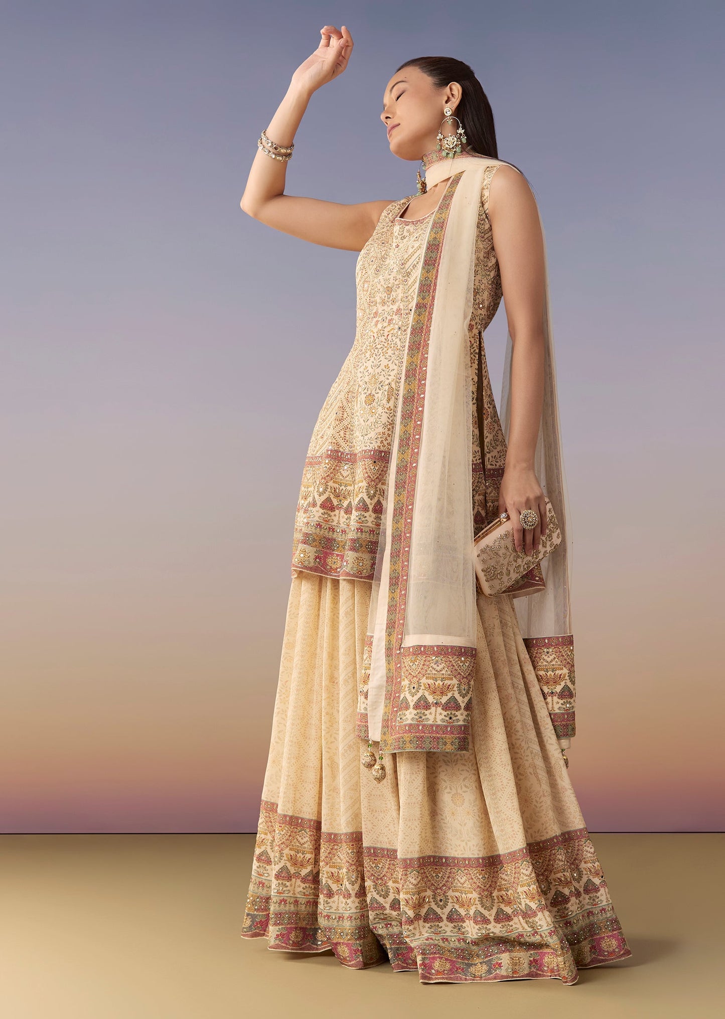 Cream Floral Printed Palazzo Set with Dupatta