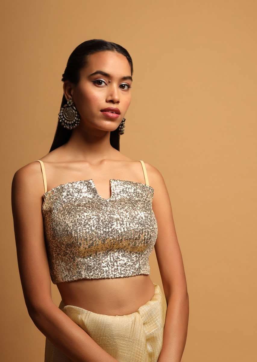 Cream Gold Crop Top Embellished In Sequins Having A Curved Neckline With Notch In The Centre