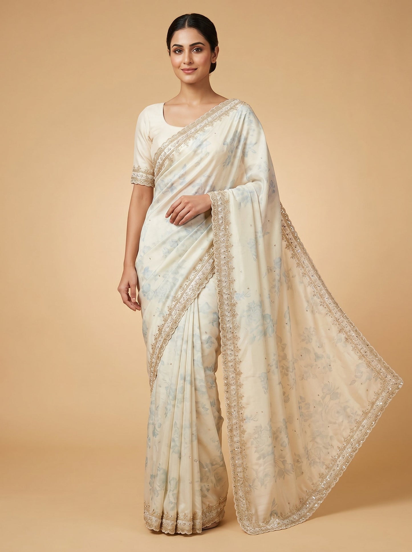 Cream Green Dual Tone Embroidered Saree