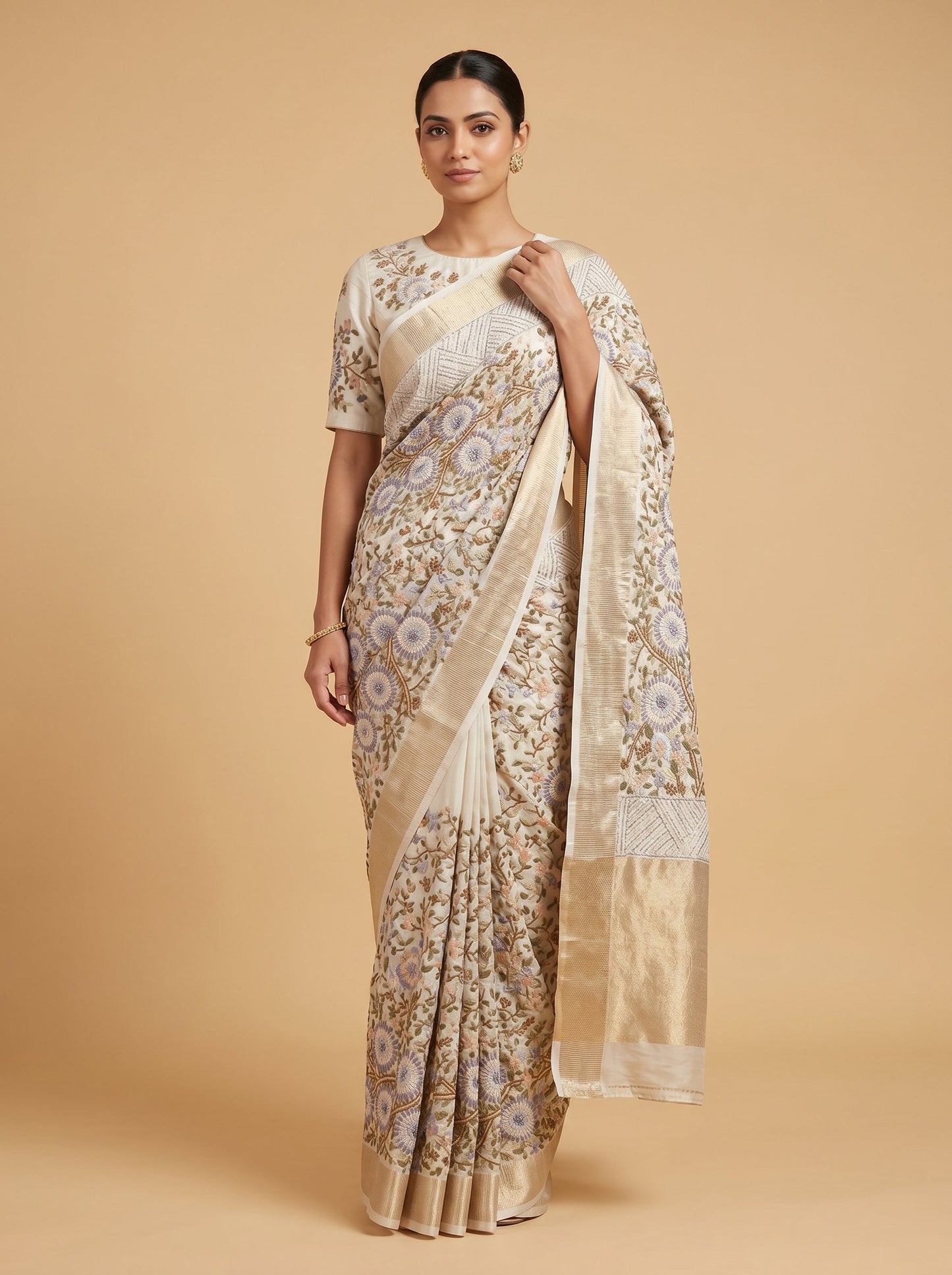 Cream Grey Dual Tone Embroidered Saree