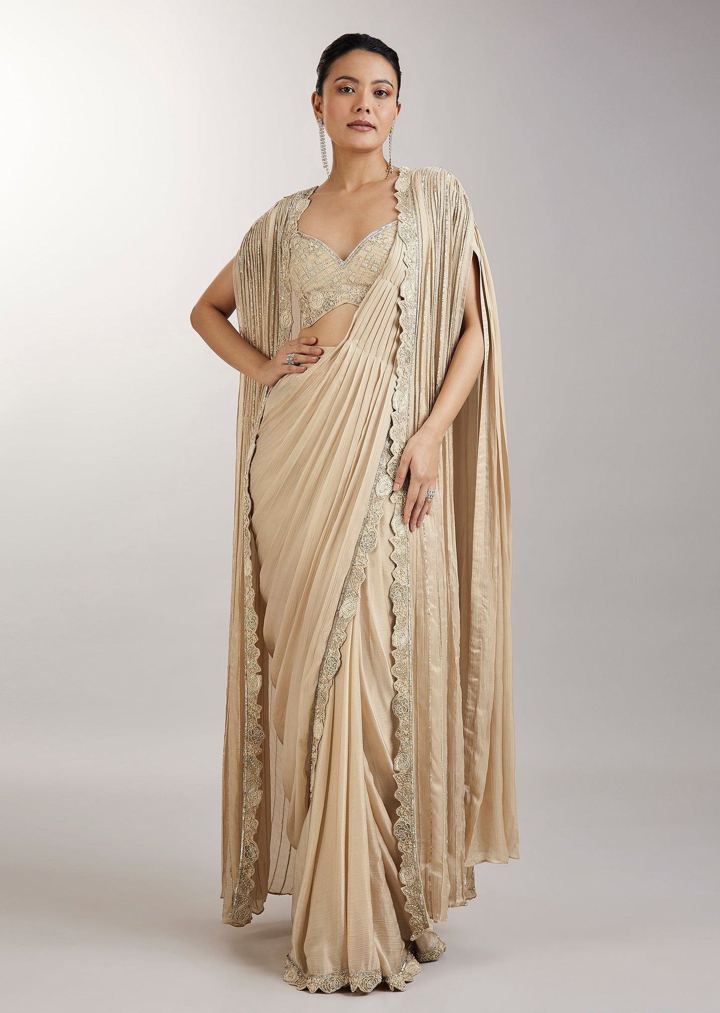 Cream Pre Draped Indo Western Saree With Jacket