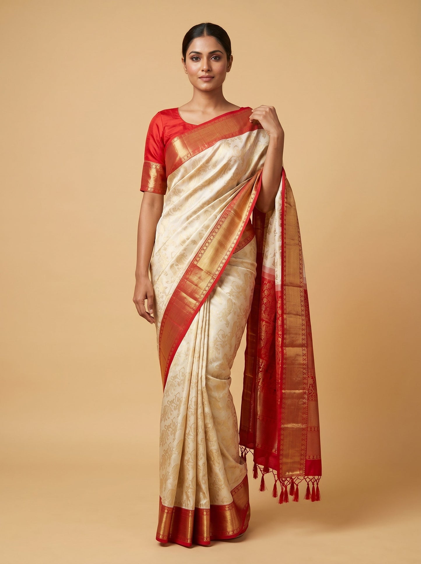 Cream Red Dual Harmony Handloom Saree