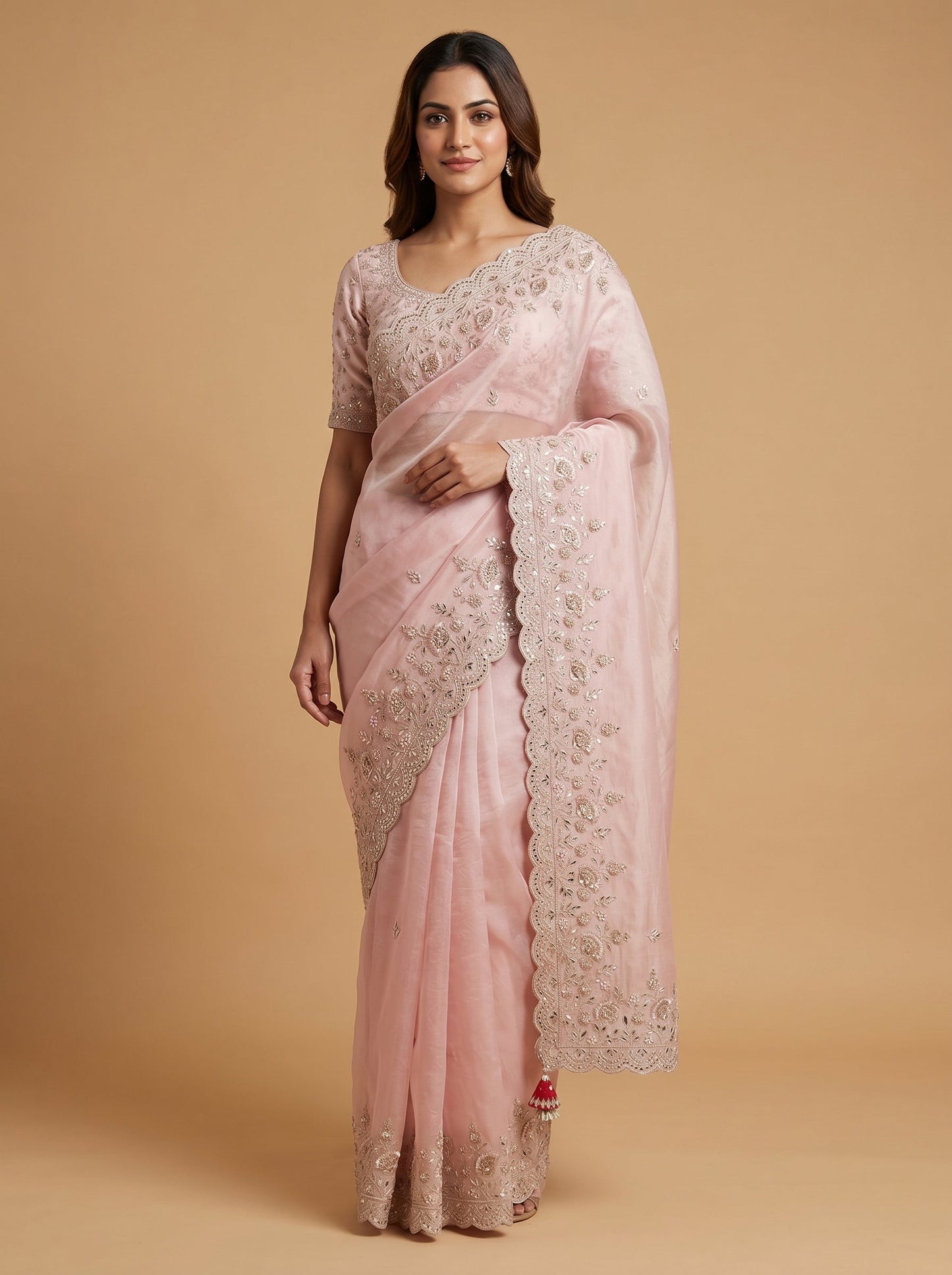 Cream Red Dual Tone Embroidered Saree