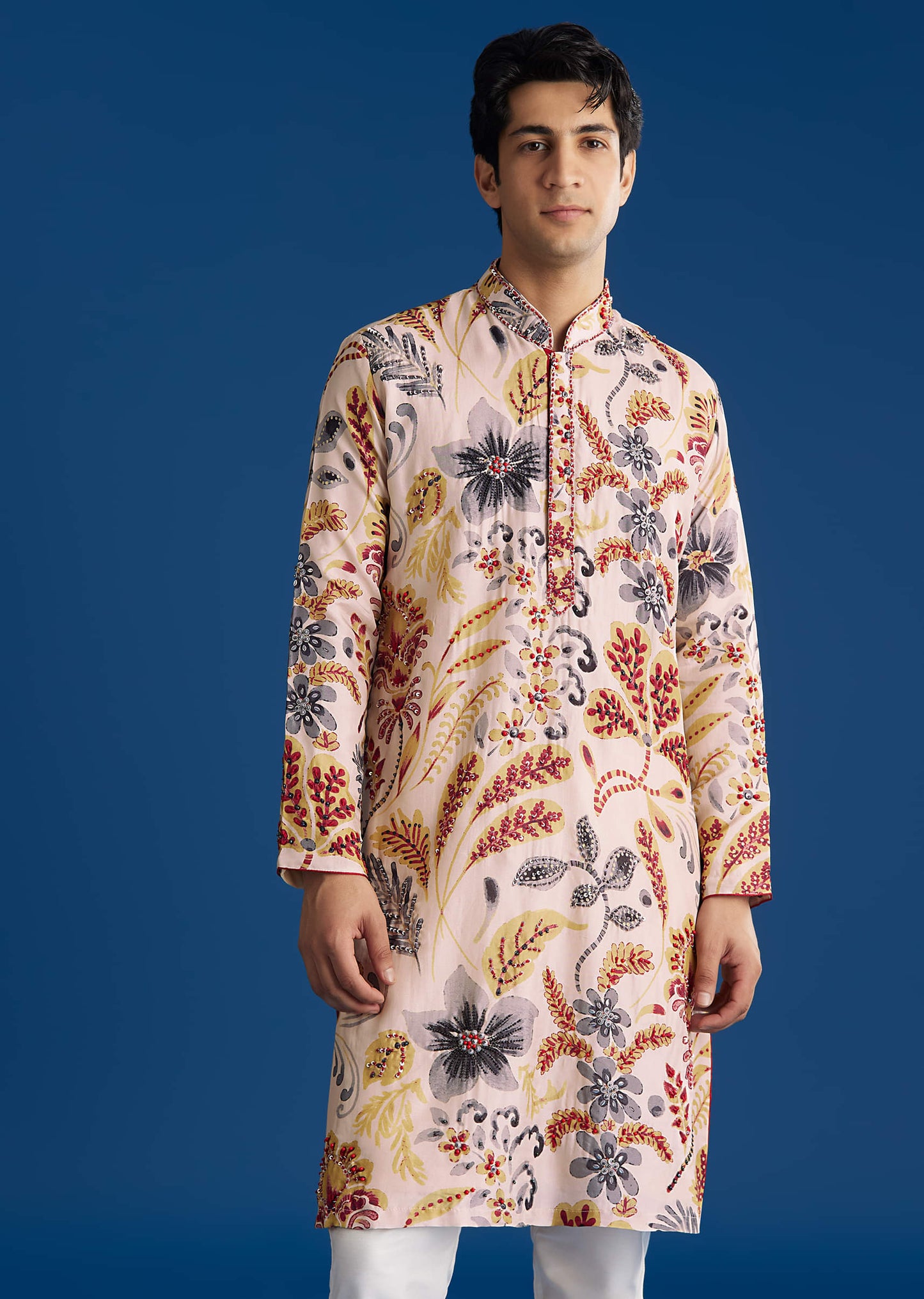 Cream Silk Floral Resham Threadwork Kurta Jacket Set