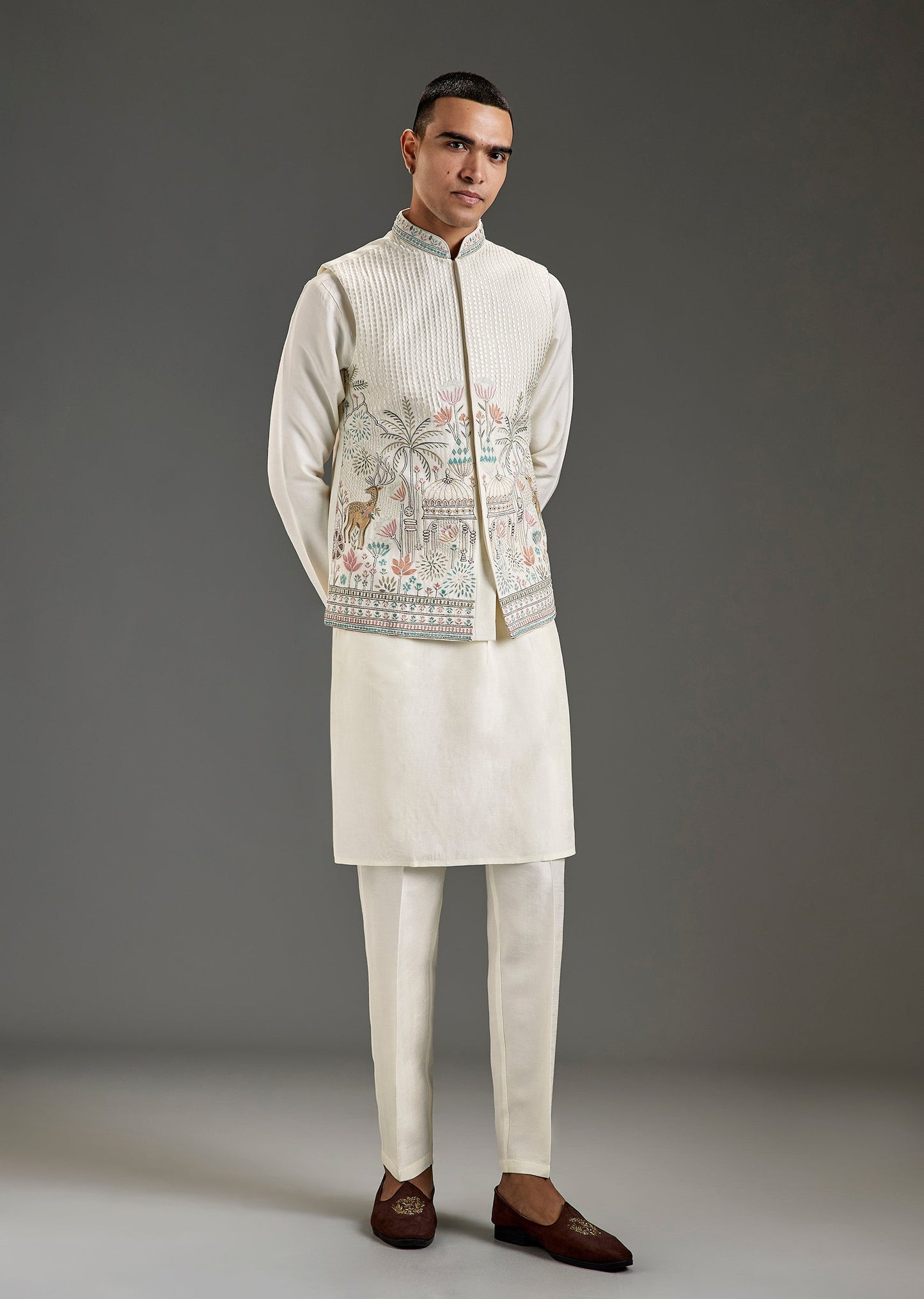 Cream Silk Kurta Jacket Set With Mughal Garden Resham Embroidery