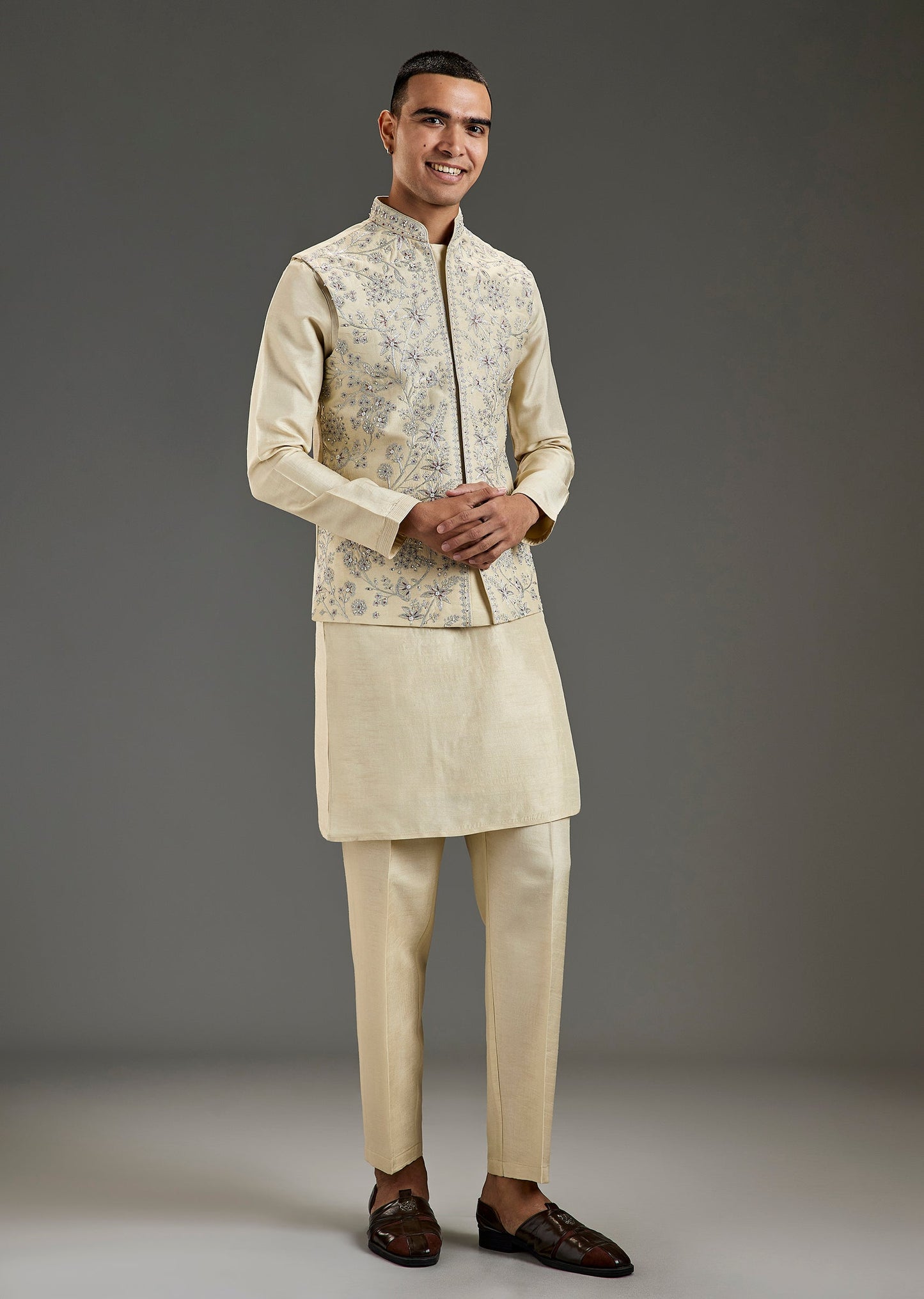 Cream Silk Kurta Jacket Set With Silver Zari Pearl Sequin Work