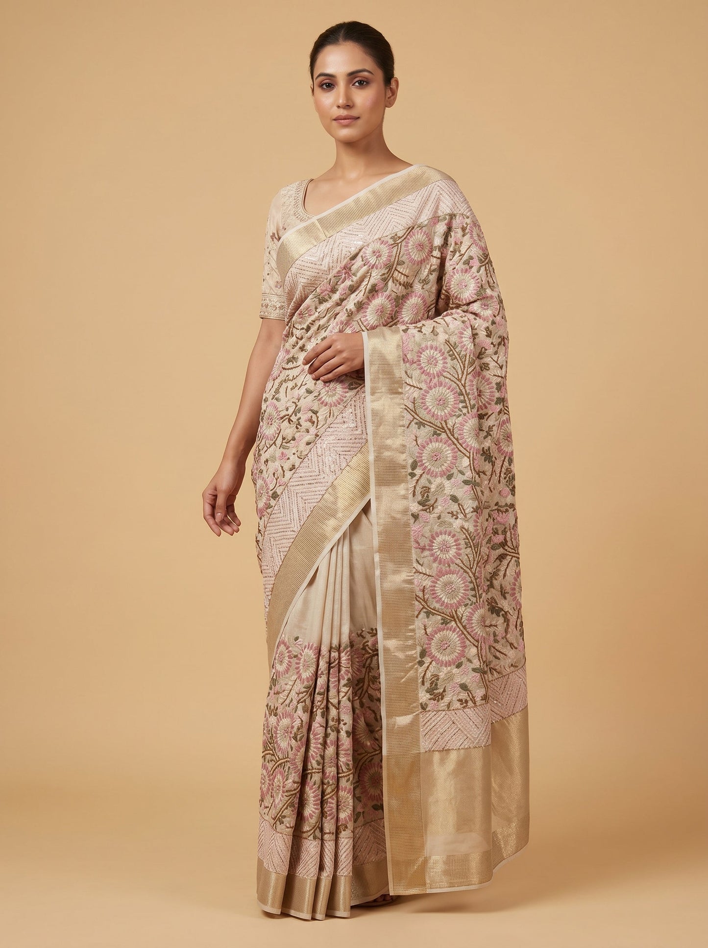 Cream Smooth Detailing Embroidered Saree
