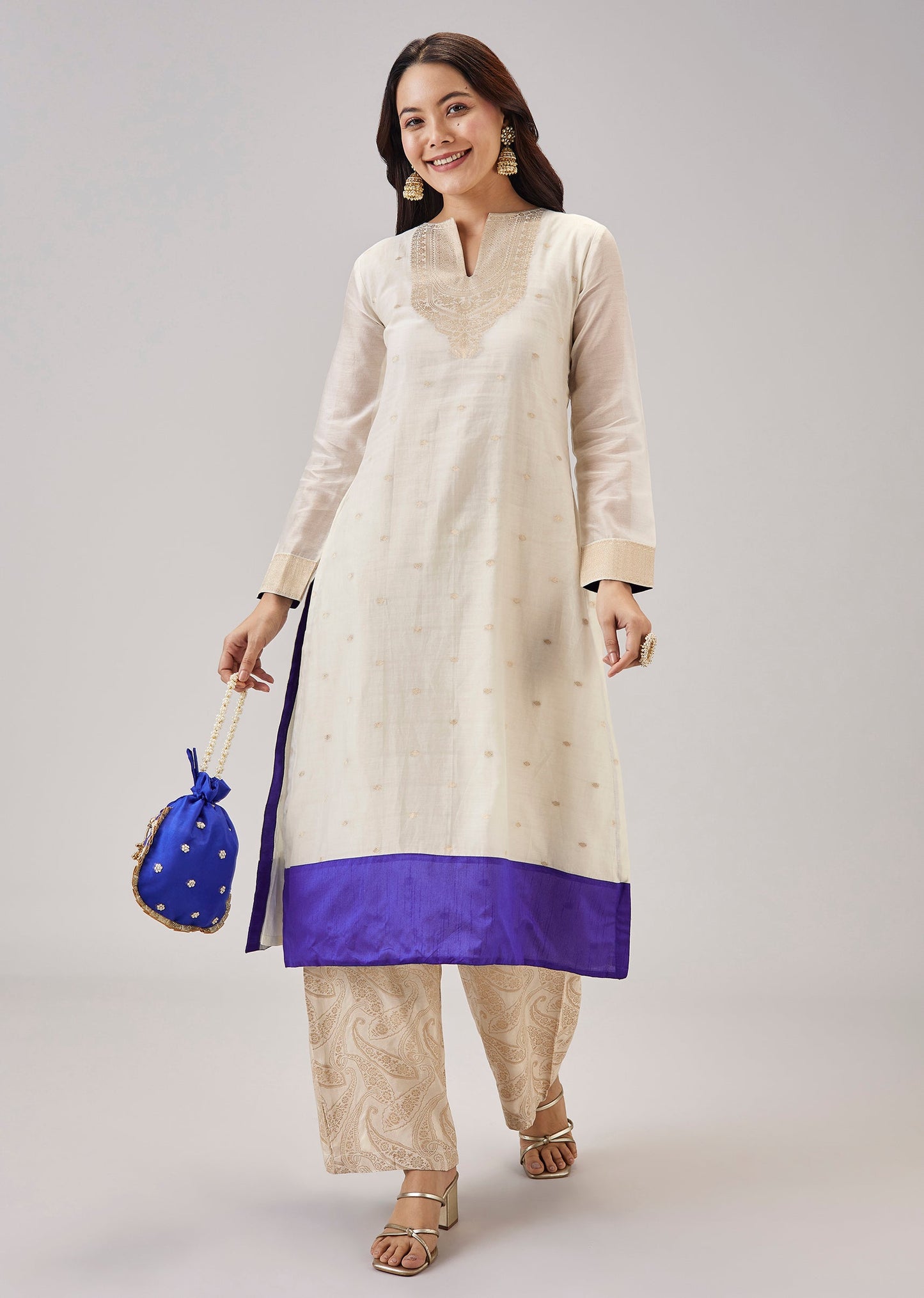 Cream Weaved Chanderi Kurta Set