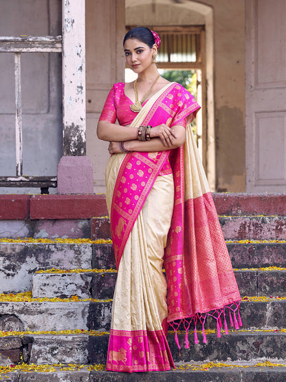 Anaita Cream Soft Silk Woven Saree With Blouse