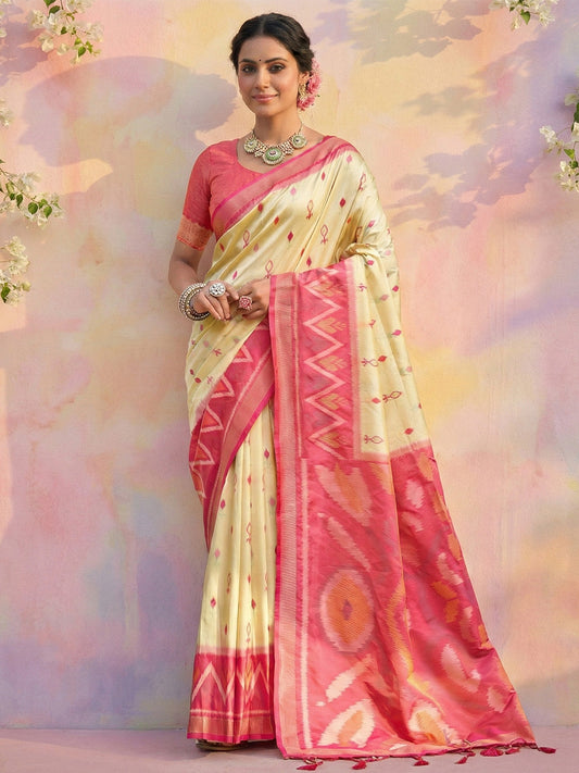 Anaita Cream Soft Silk Printed Saree With Blouse