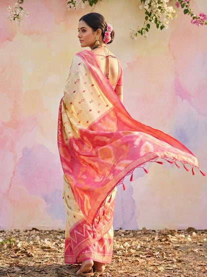 Anaita Cream Soft Silk Printed Saree With Blouse
