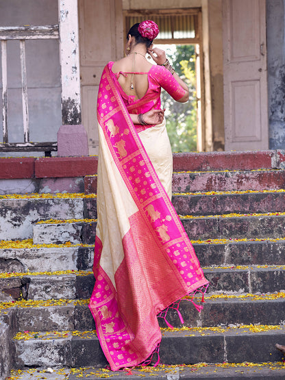 Anaita Cream Soft Silk Woven Saree With Blouse