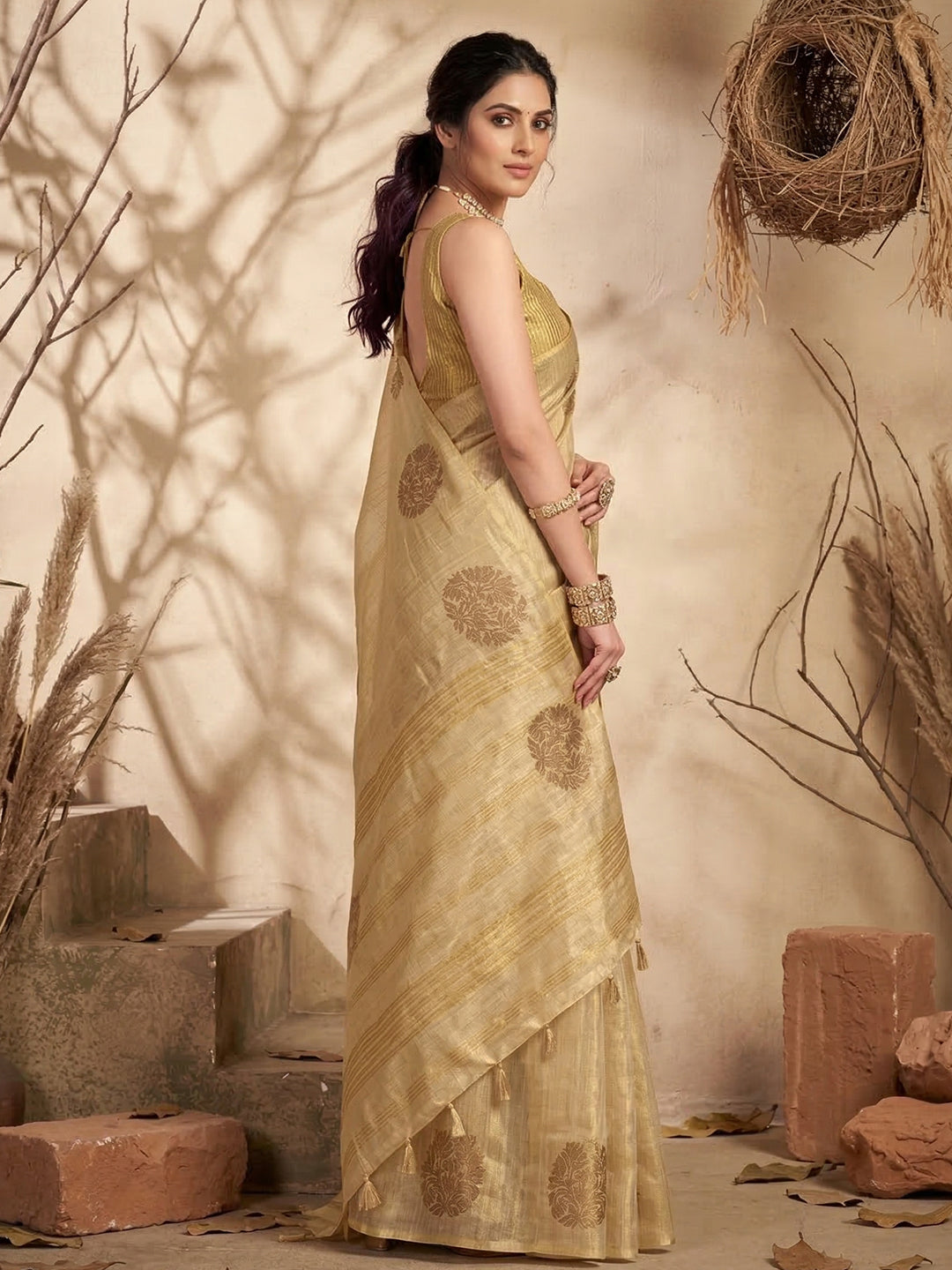 Anaita Cream Tissue Silk Woven Saree With Blouse
