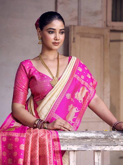 Anaita Cream Soft Silk Woven Saree With Blouse