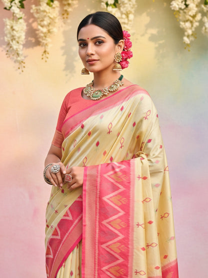 Anaita Cream Soft Silk Printed Saree With Blouse