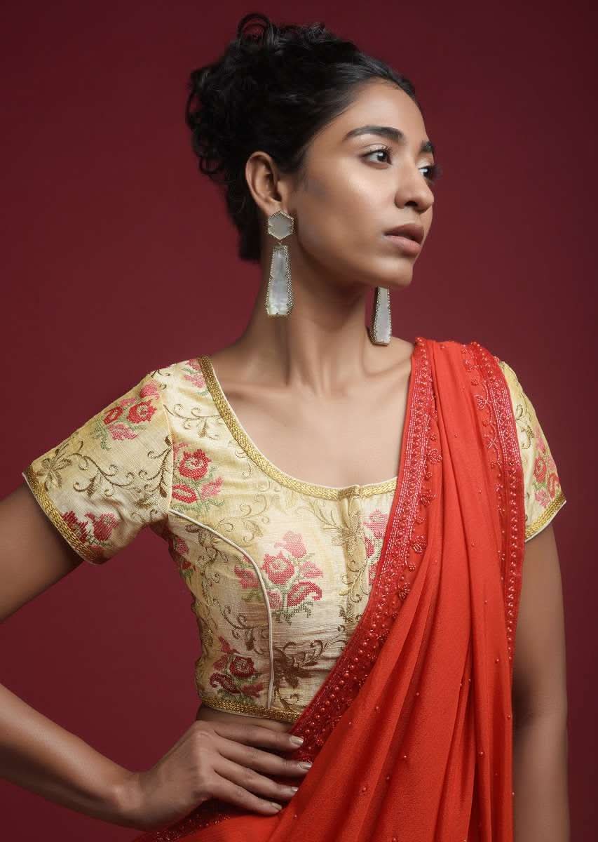 Cream Beige Blouse In Raw Silk With Machine Embroidery In Floral Motifs
