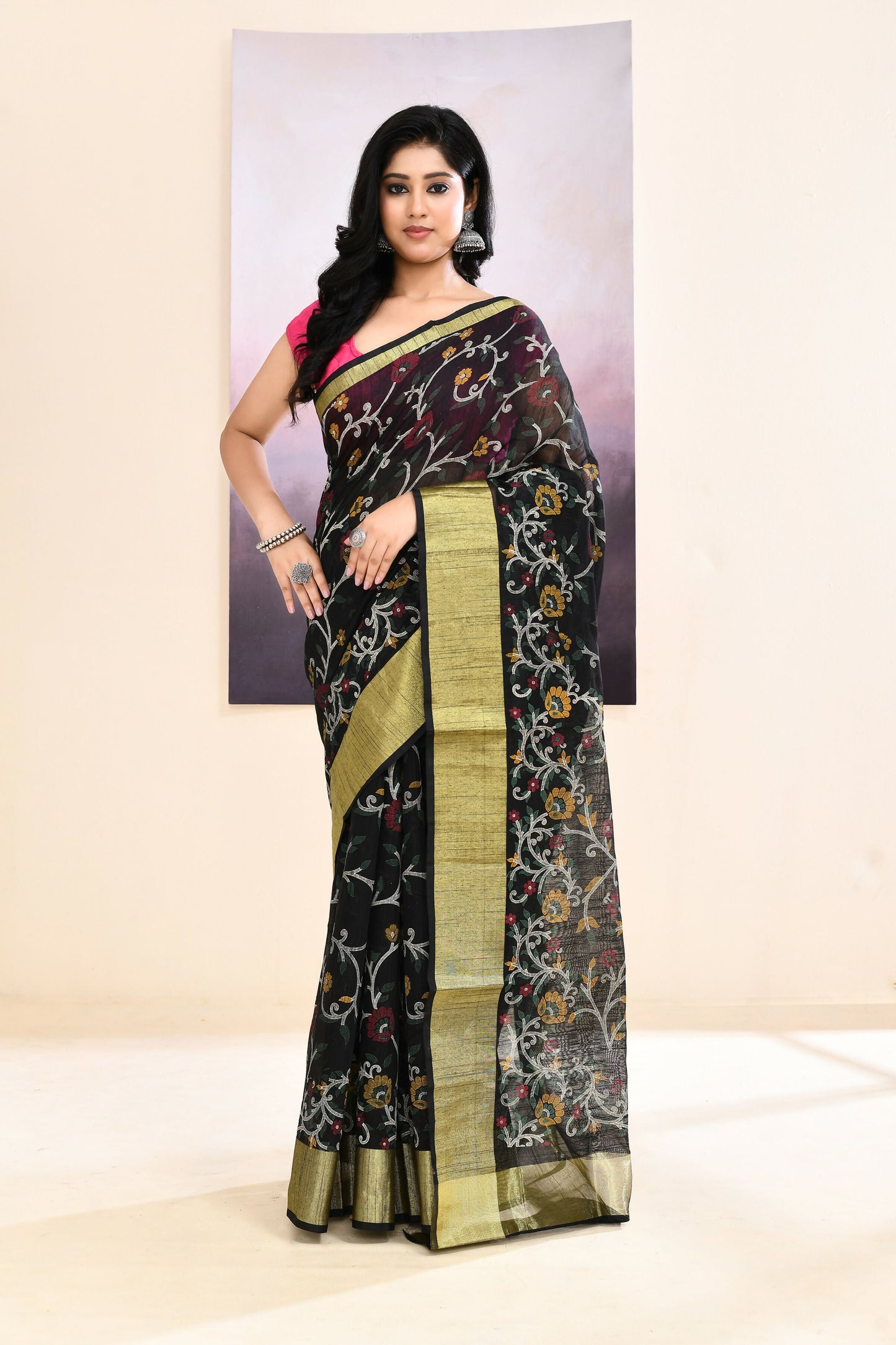 Piyari Fashion Women's Black Embellished Cotton Blend Printed Saree
