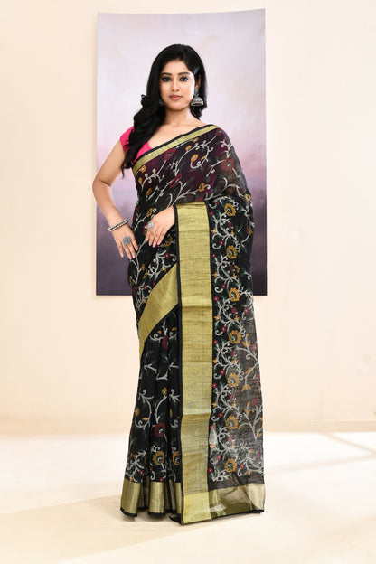 Piyari Fashion Women's Black Embellished Cotton Blend Printed Saree