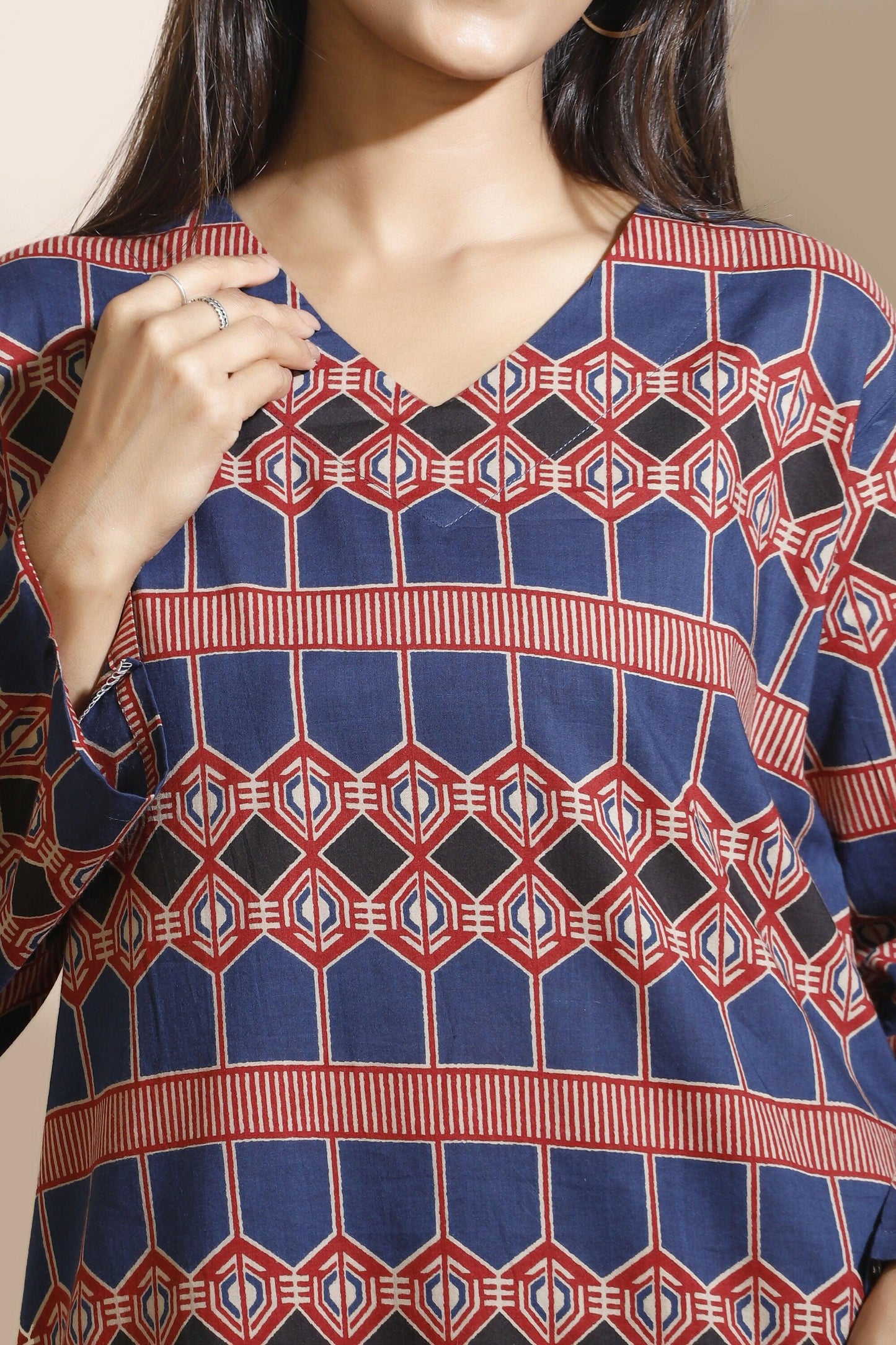 Breathables Women'S Blue Cotton Abstract Print Loungewear Co-Ord Set  Long Kurta & Pants