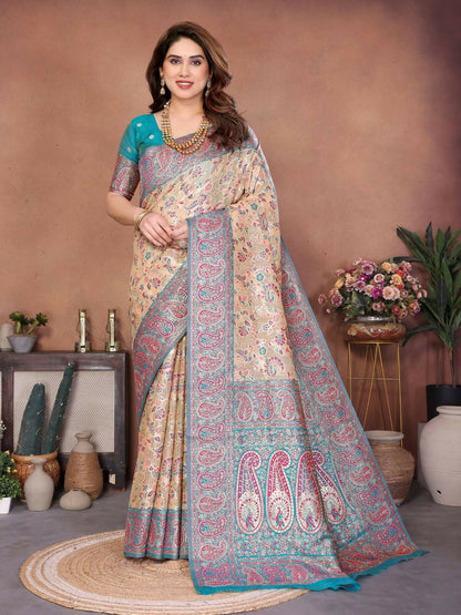 Teeya Creation New Latest Trendy Wedding Wear Pashmina Silk Saree-Cream