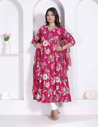 Miravan Womens Pink Floral Printed Angrakha Kurta With Dupatta
