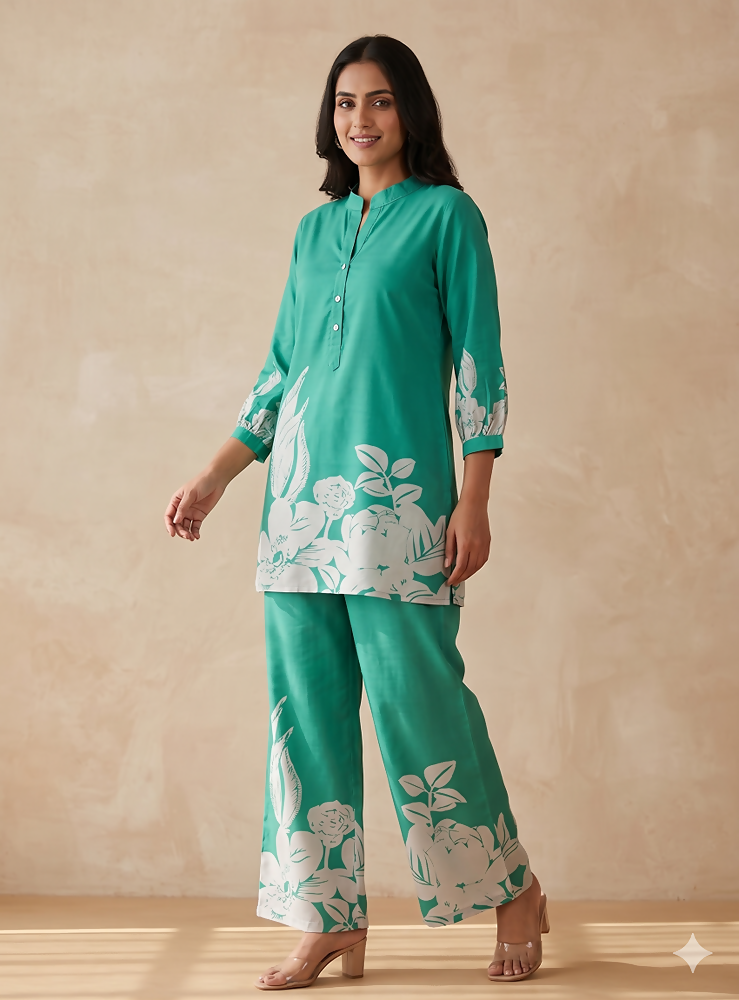 Teeya Creation Stylish Teal Casual Co-ord Set with Floral Print