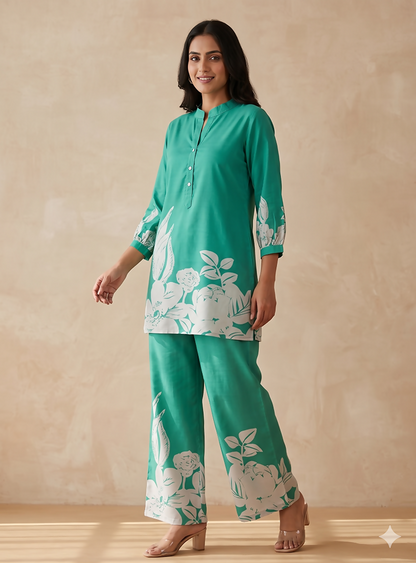 Teeya Creation Stylish Teal Casual Co-ord Set with Floral Print