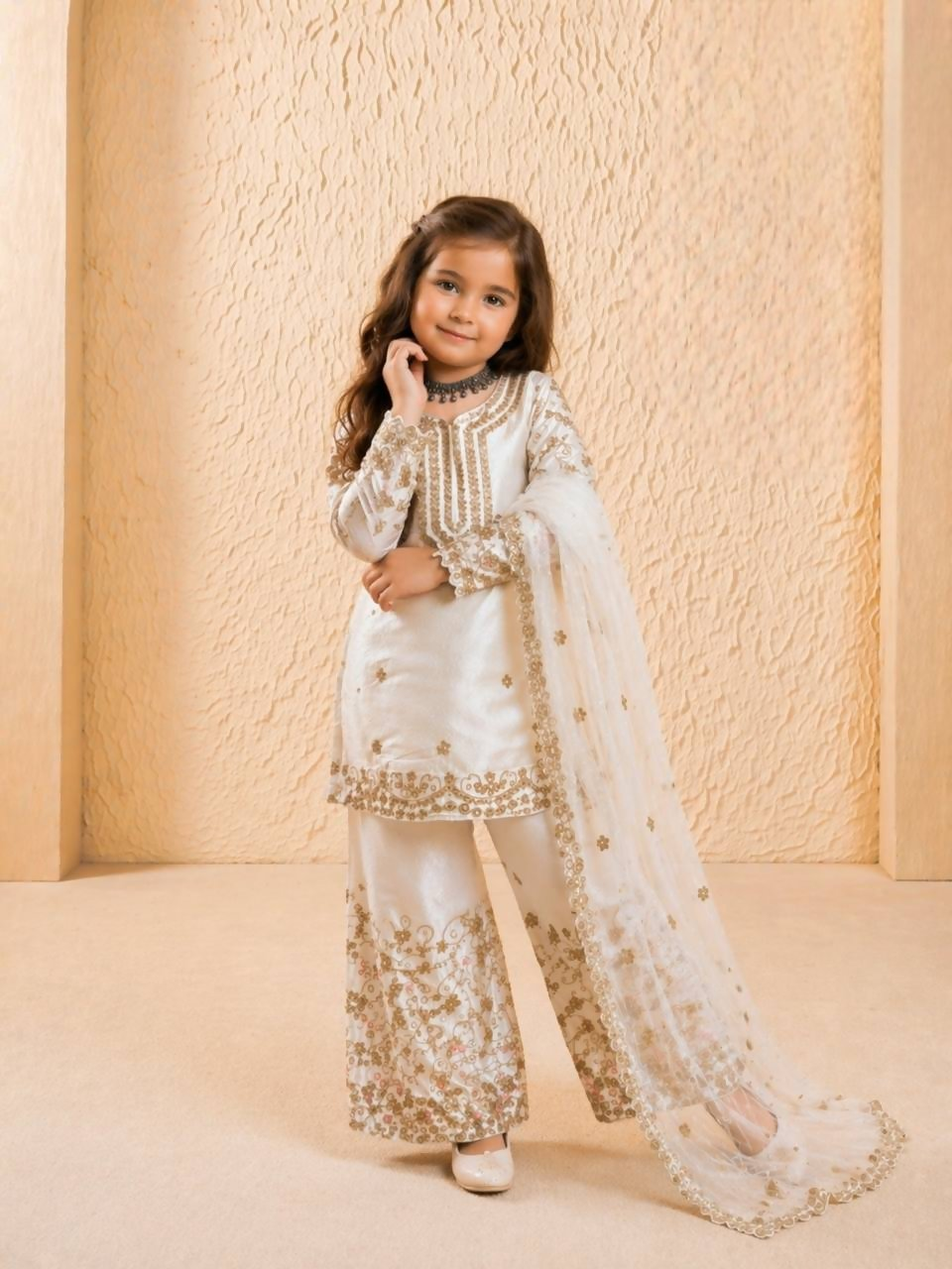 Teeya Creation New Kids Wedding Wear Heavy Embroidery Sequence Work Kurta Sharara Set-White