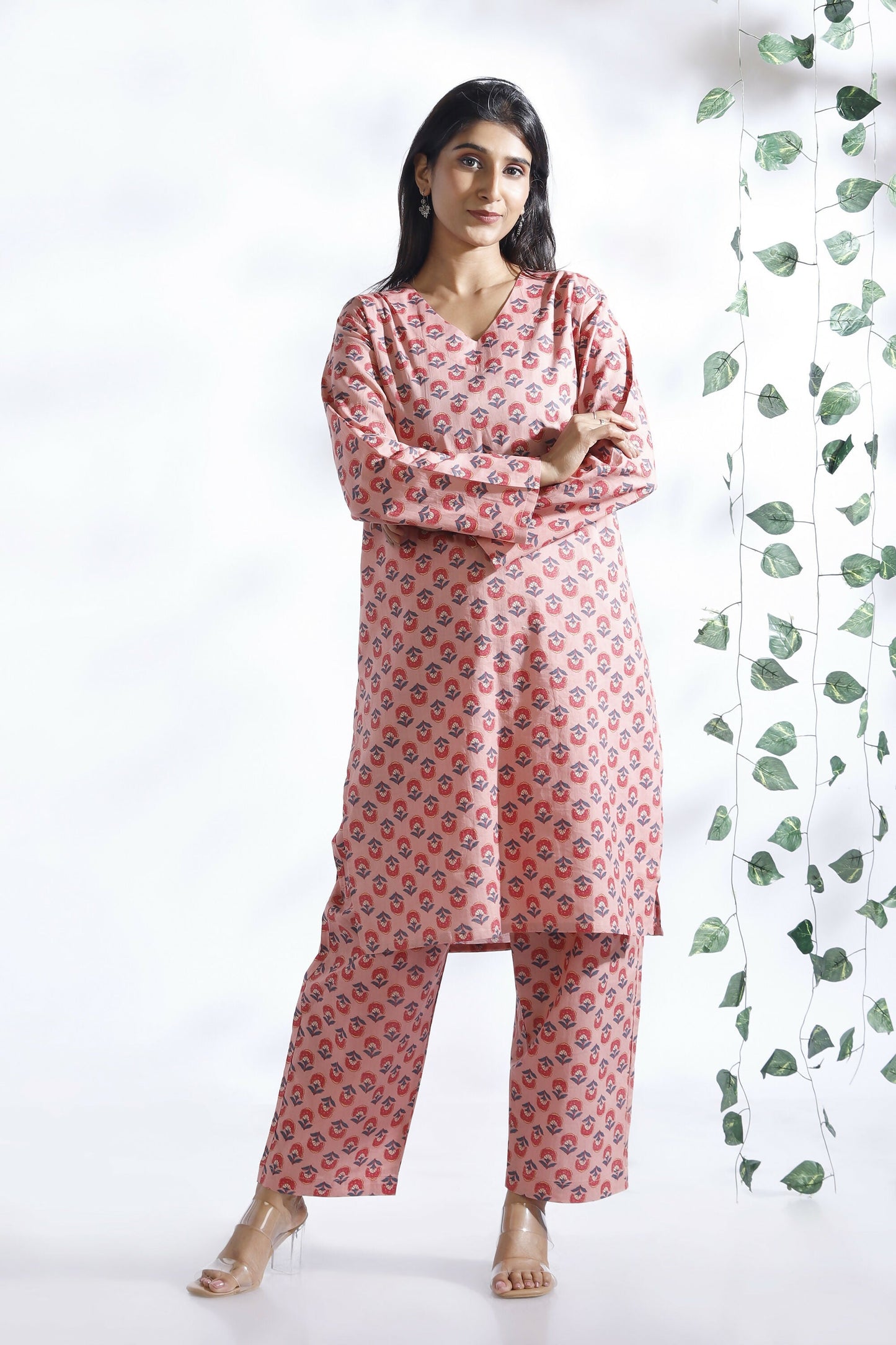 Breathables WomenS Loungewear Long Kurta Co-Ord Set Cotton Pink Indian Motif Butta Print