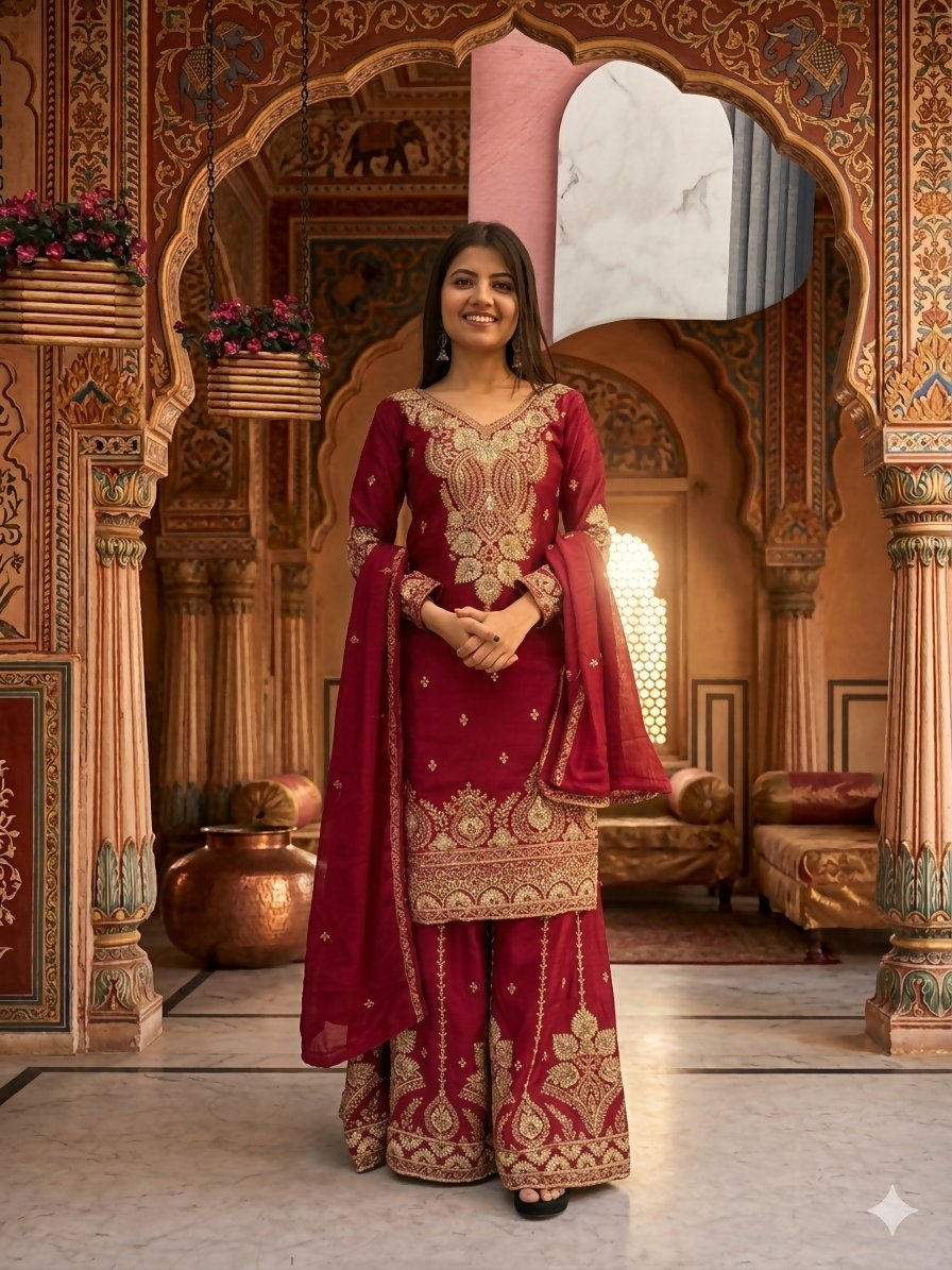 Teeya Creation Womens New Wedding Wear Heavy Embroidery Thread Work Maroon Kurta Set