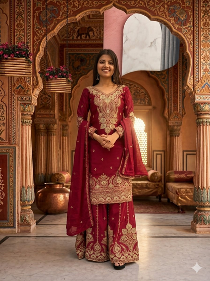 Teeya Creation Womens New Wedding Wear Heavy Embroidery Thread Work Maroon Kurta Set