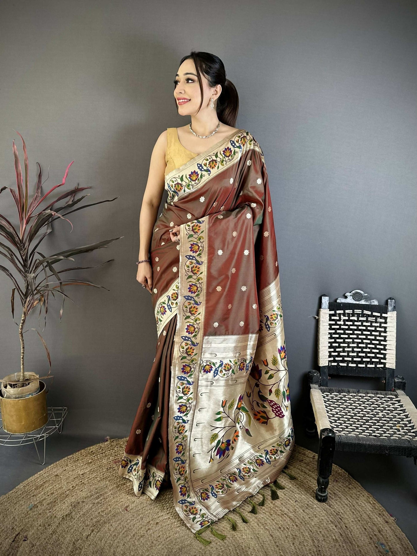 Prime Volt Premium Soft Silk Mayur Paithani Saree with Peacock Meena Weaving & Rich Pallu-Brown