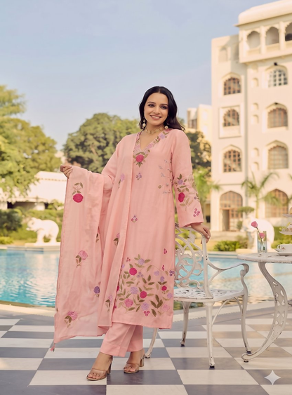 Teeya Creation Premium Peach Chanderi Silk Floral Embroidered Straight Kurta Pant Set With Dupatta For Women
