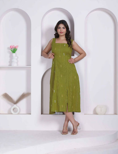 Miravan Womens Abstract Printed Green ALine Maxi Dress