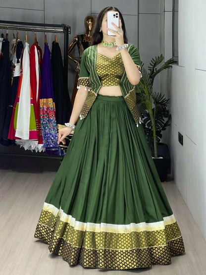 Yash Enterprise Mehndi Rayon Cotton Embroidery Semi Stitched Navratri Top Chaniya Choli