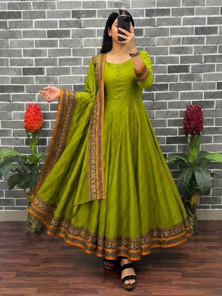 Teeya Creation New Trendy Stylish Olive Green Solid Anarkali Kurta with Traditional Golden Border Dupatta Set
