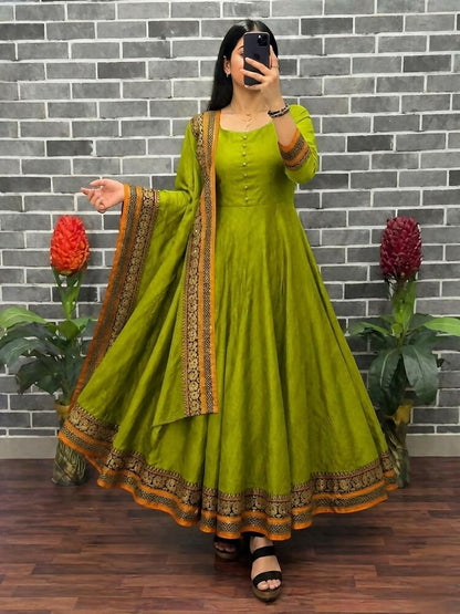 Teeya Creation New Trendy Stylish Olive Green Solid Anarkali Kurta with Traditional Golden Border Dupatta Set