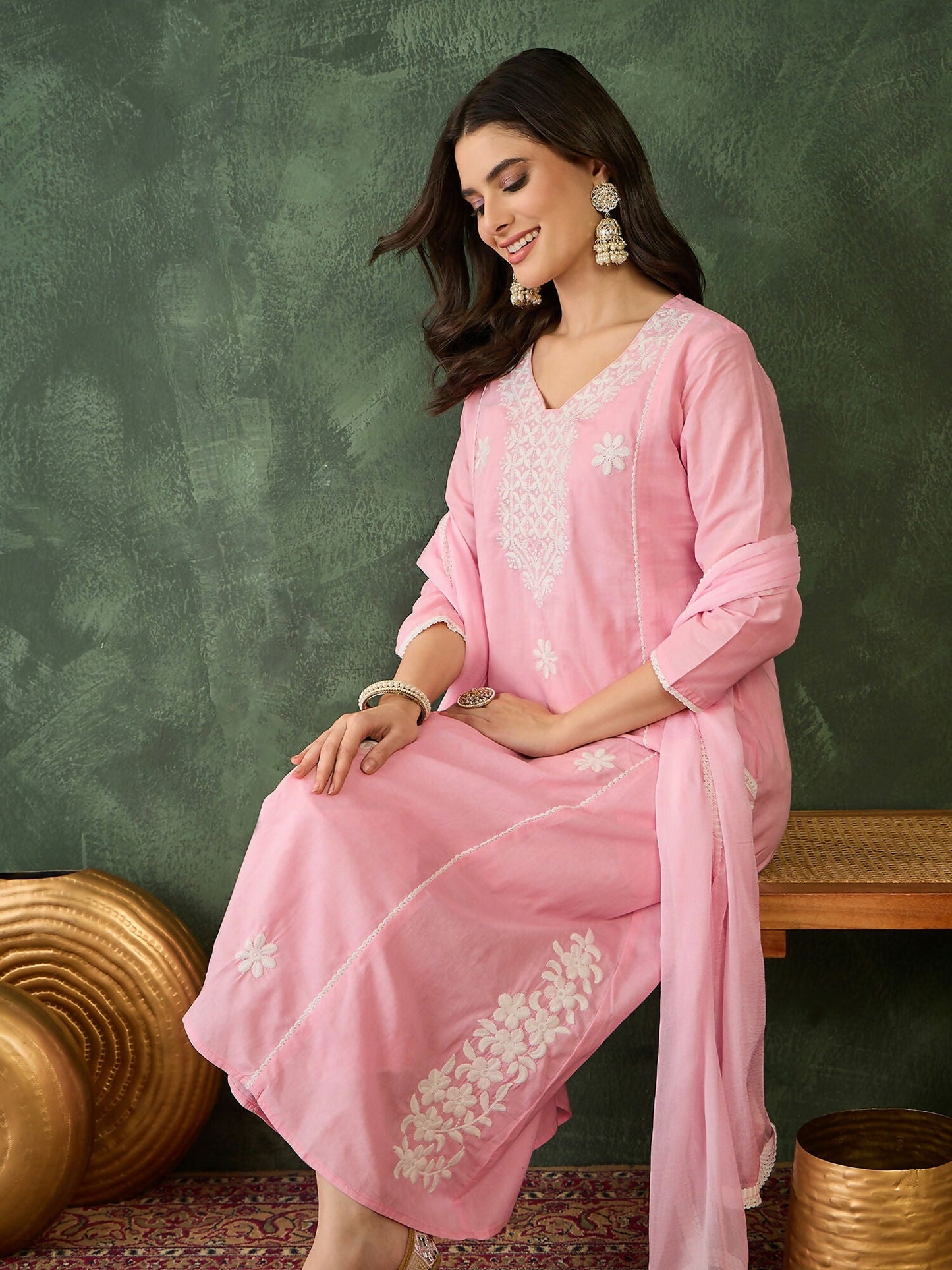 The52 Women's Beautiful Thread Work Cotton satin Fabric Flared Kurta Pant and Dupatta Set-Peach