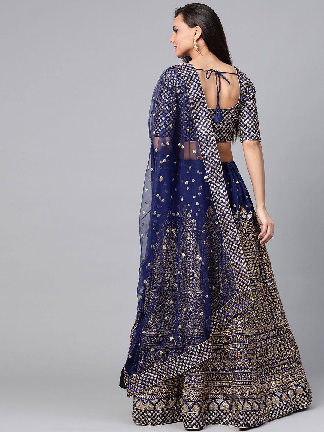 Tulsi Art Navy Blue Embroidered Semi-Stitched Myntra Lehenga & Unstitched Blouse With Dupatta