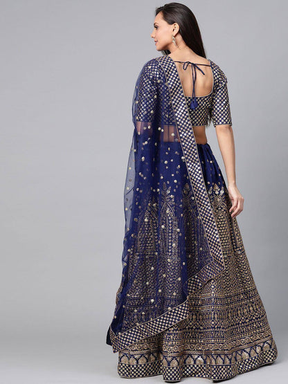 Tulsi Art Navy Blue Embroidered Semi-Stitched Myntra Lehenga & Unstitched Blouse With Dupatta