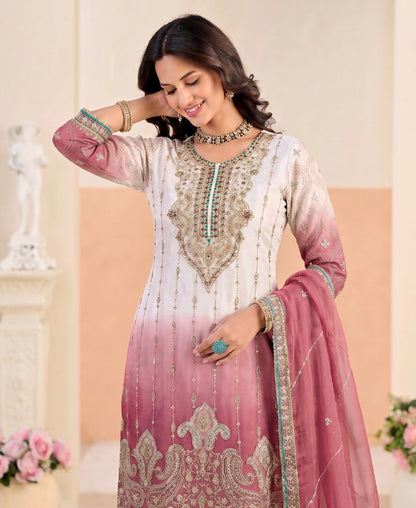 KC Designer Pink Ombre Straight Suit For Women With Hand Embroidery
