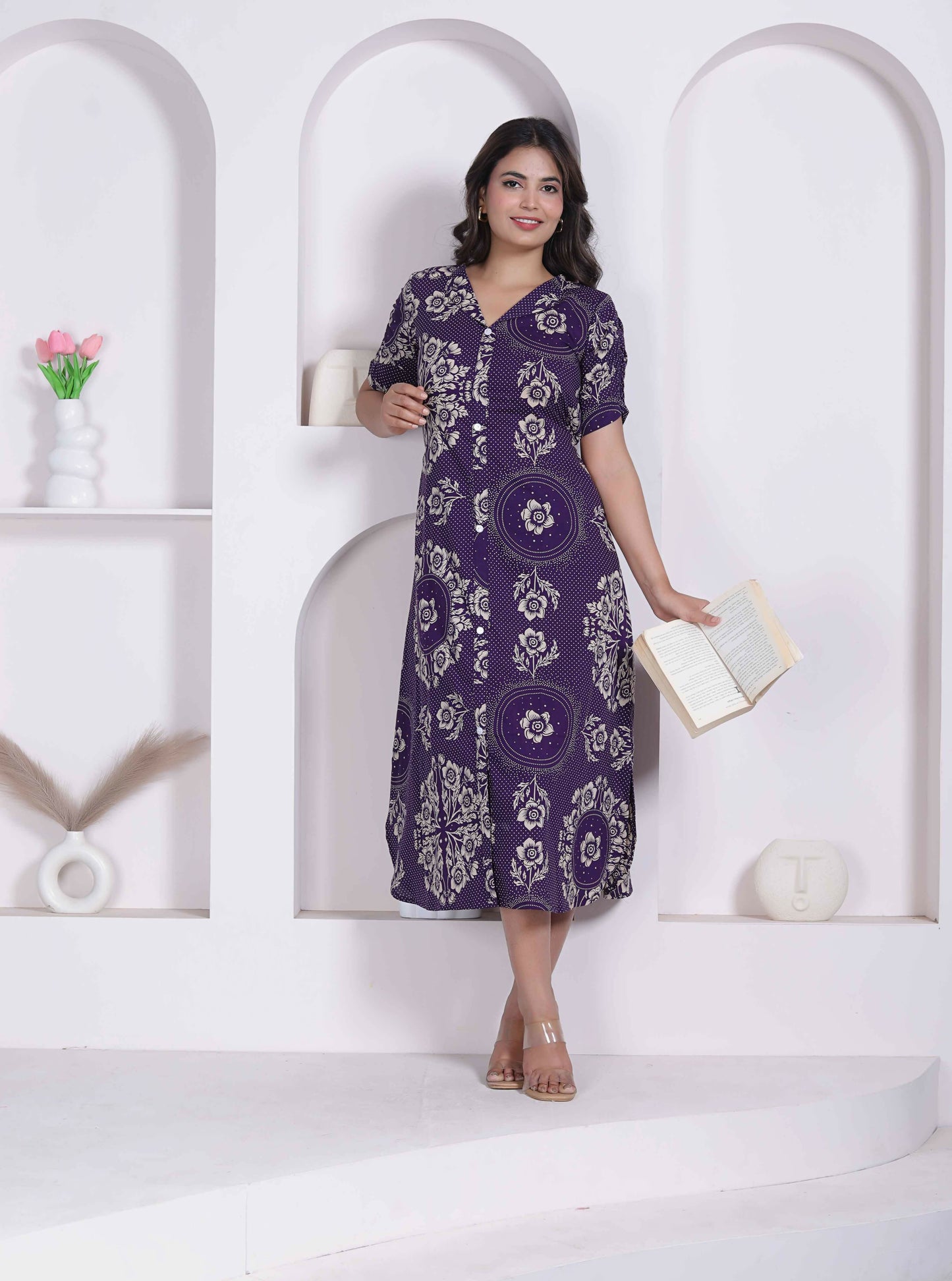 Miravan Womens Floral Printed A-Line Shirt Collar Maxi Dress
