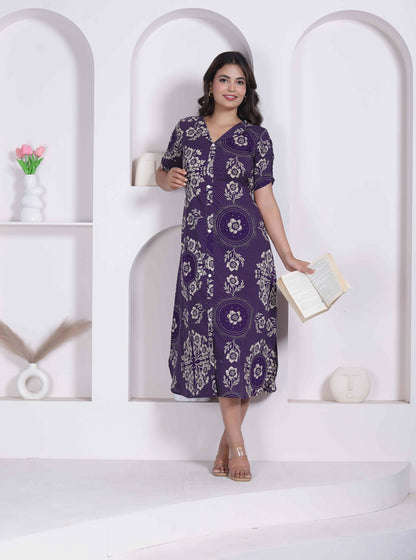 Miravan Womens Floral Printed A-Line Shirt Collar Maxi Dress