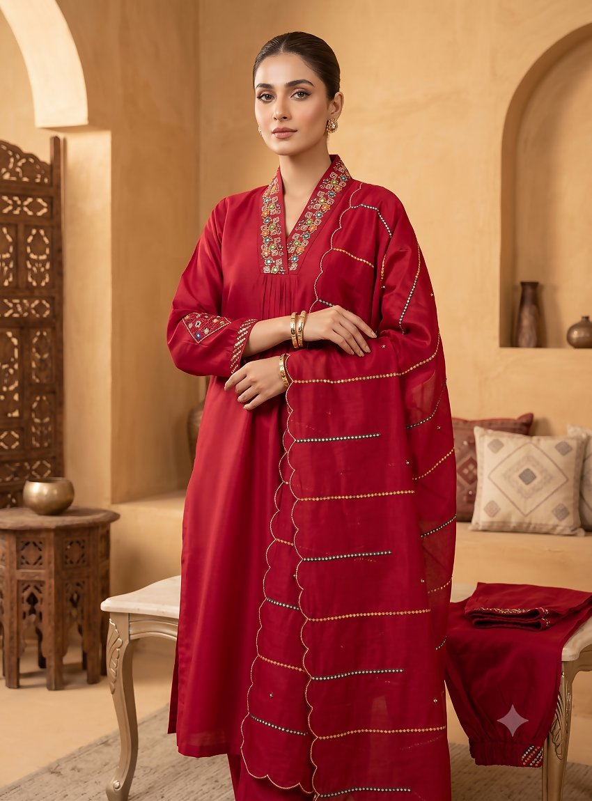 Teeya Creation Rani Pink Embroidered Silk Kurta Pant Set With Dupatta