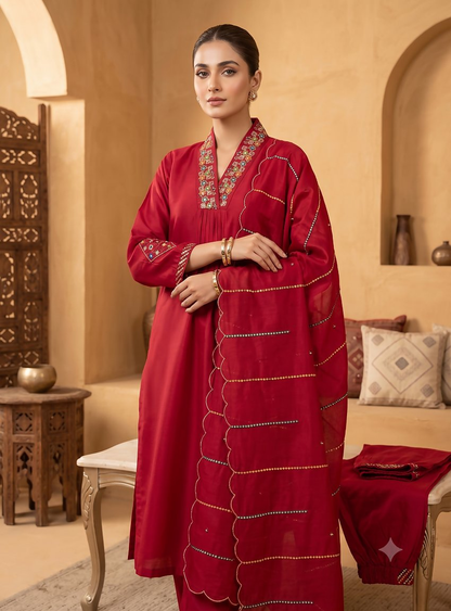 Teeya Creation Rani Pink Embroidered Silk Kurta Pant Set With Dupatta
