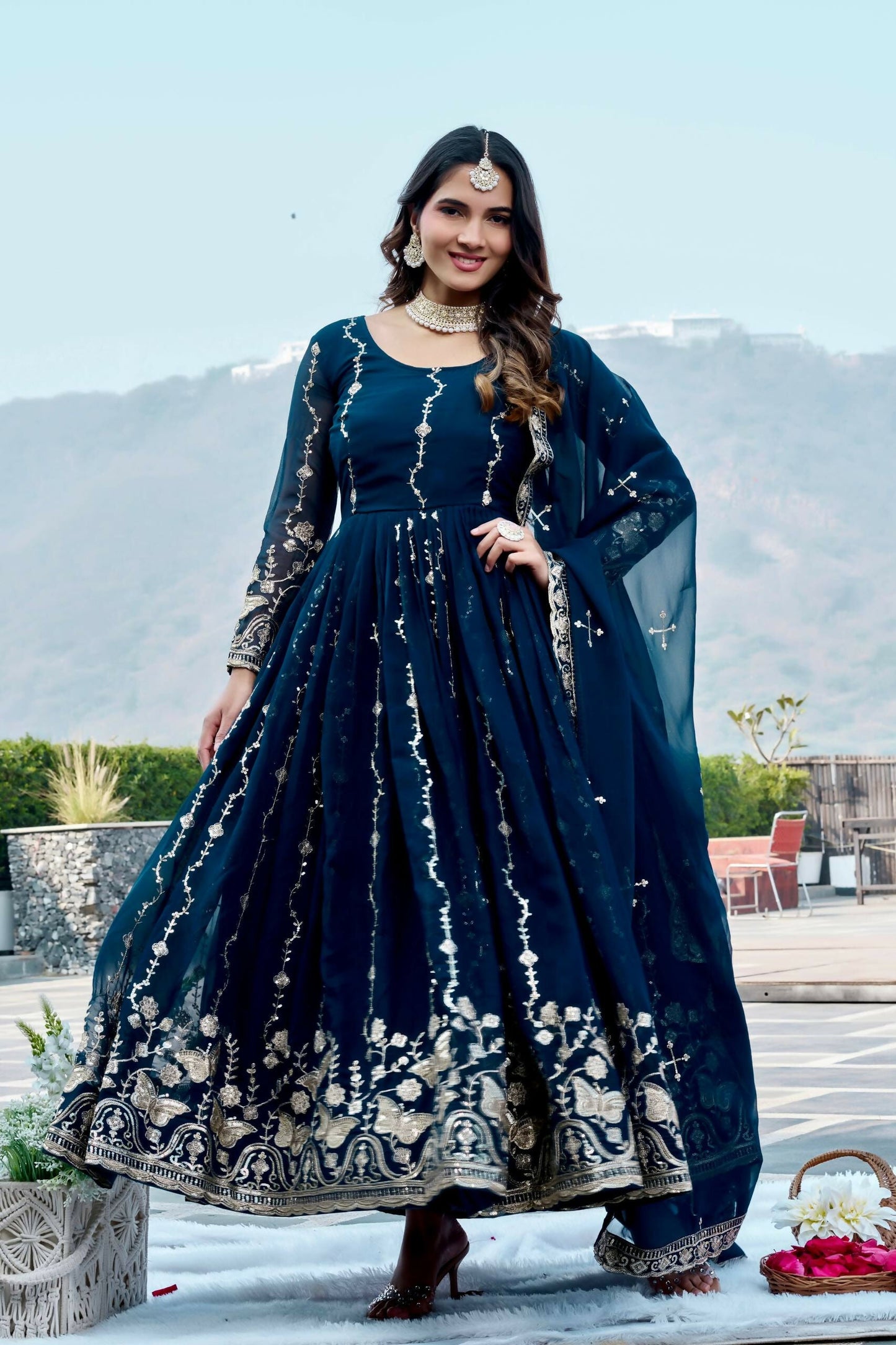 Teeya Creation Womens New Trendy Heavy Cording Sequence & Beads Embroidery Work Teal Gown Set