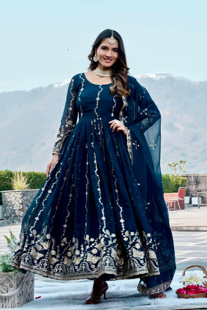 Teeya Creation Womens New Trendy Heavy Cording Sequence & Beads Embroidery Work Teal Gown Set