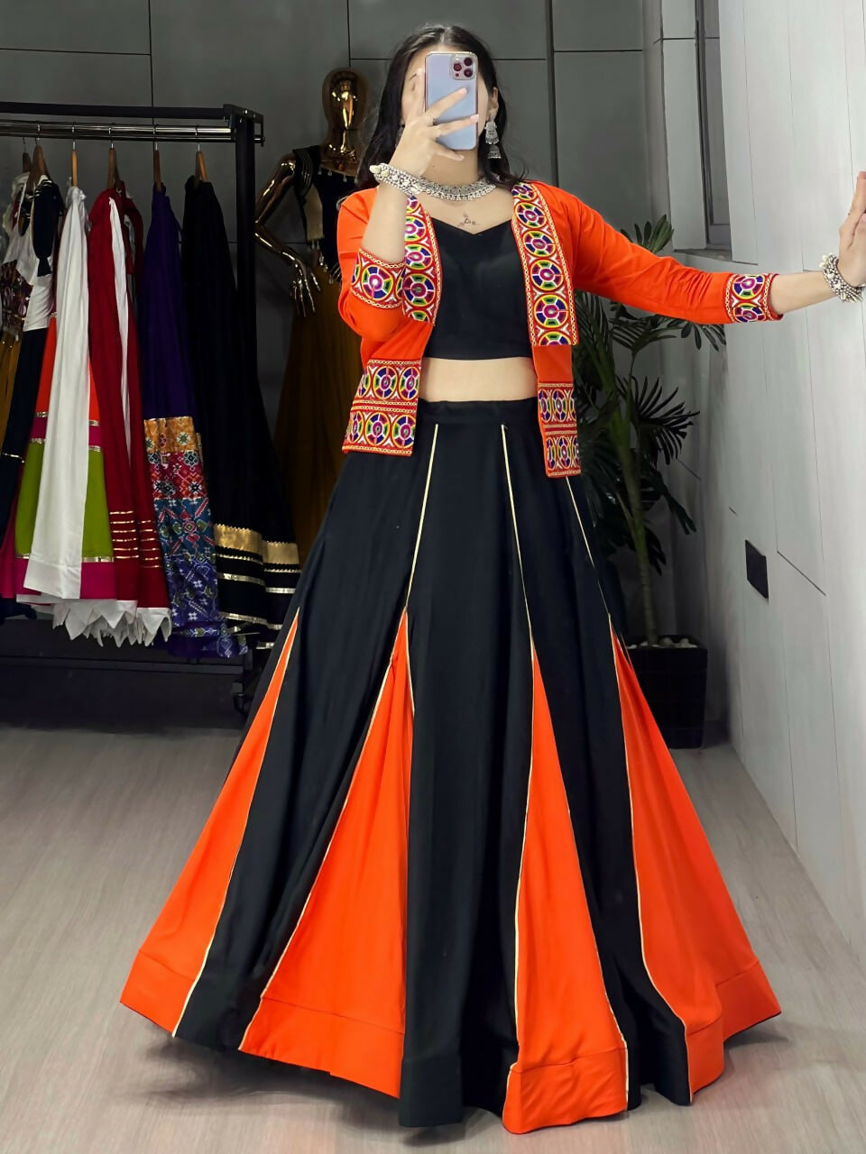 Yash Enterprise Orange Colored Rayon Cotton Embroidery Semi Stitched Navratri Top Chaniya Choli