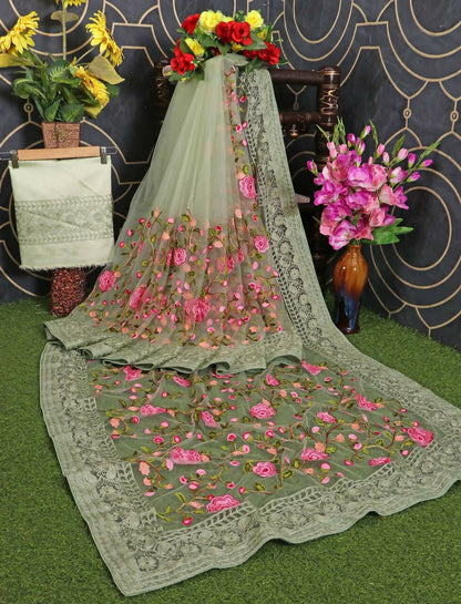 Teeya Creation Womens Latest Stylish Party Wear Soft Net Saree-Green