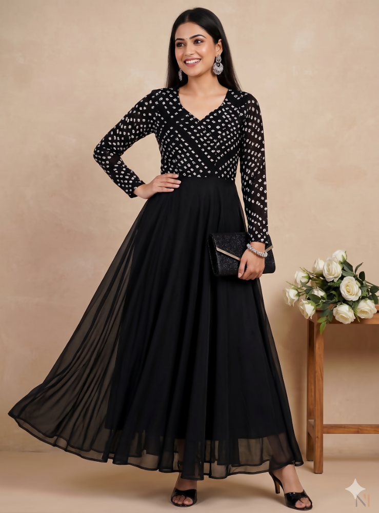 Teeya Creation Women's Black Bandhani Print Anarkali Gown